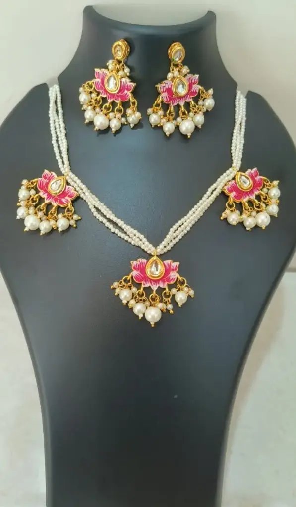 Pink Floral Pearl Necklace Set with Dangling Earrings