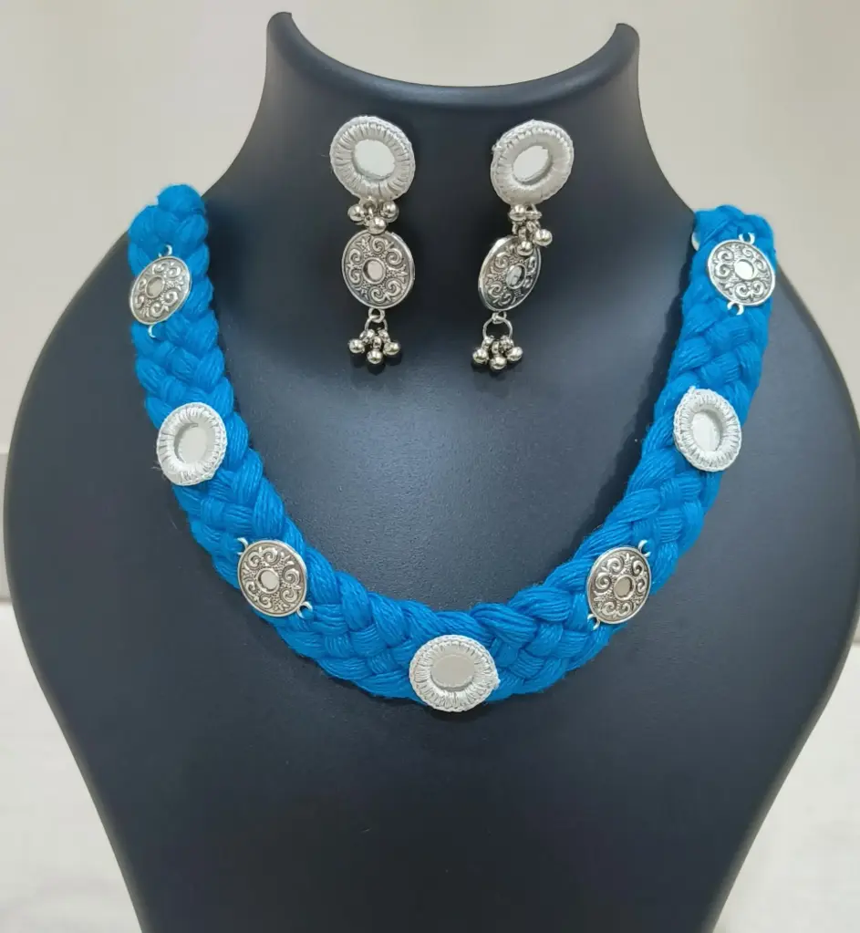 Handcrafted Blue Thread & Oxidized Silver Set