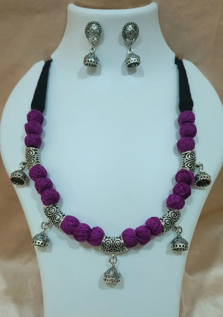 Handcrafted Purple Thread Oxidized Jhumka Necklace Set