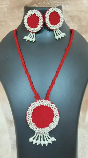 Handcrafted Red and Pearl Thread Work Necklace and Earrings Set