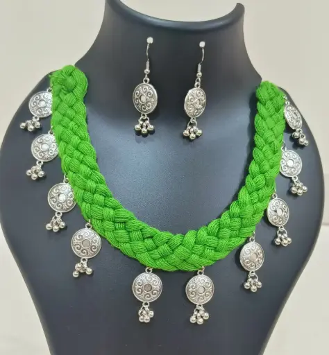 Green Braided Thread and Oxidized Silver Necklace and Earrings Set