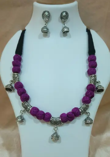 Handcrafted Purple Thread Oxidized Jhumka Necklace Set